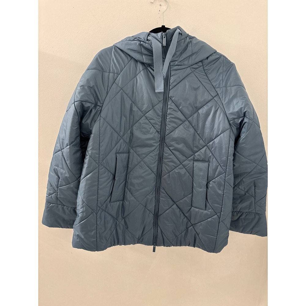 Marella Monochrome Quilted Puffer Jacket Blue Gray Hooded Zip Up Size 8 US